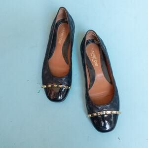 Napoleoni Black Quilted Italian Leather Gold Studded Low Heel Flat Size 38
